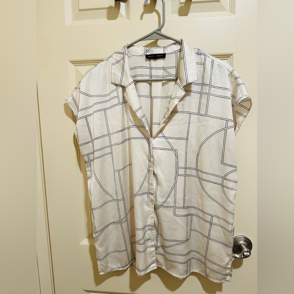 Fifty Street White and Black Geometric Silk Button Down Shirt